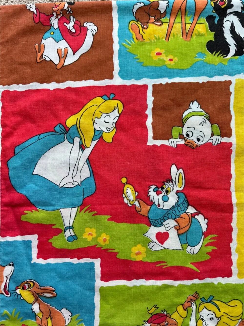 Vintage Disney Pillowcase featuring Alice, Robin Hood, Mickey, Donald, Bambi, Ch
